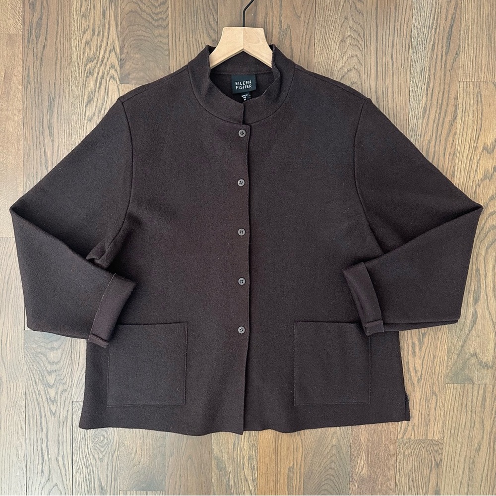 Eileen Fisher Boiled Wool Stand Collar Button Front Jacket Chocolate Brown M